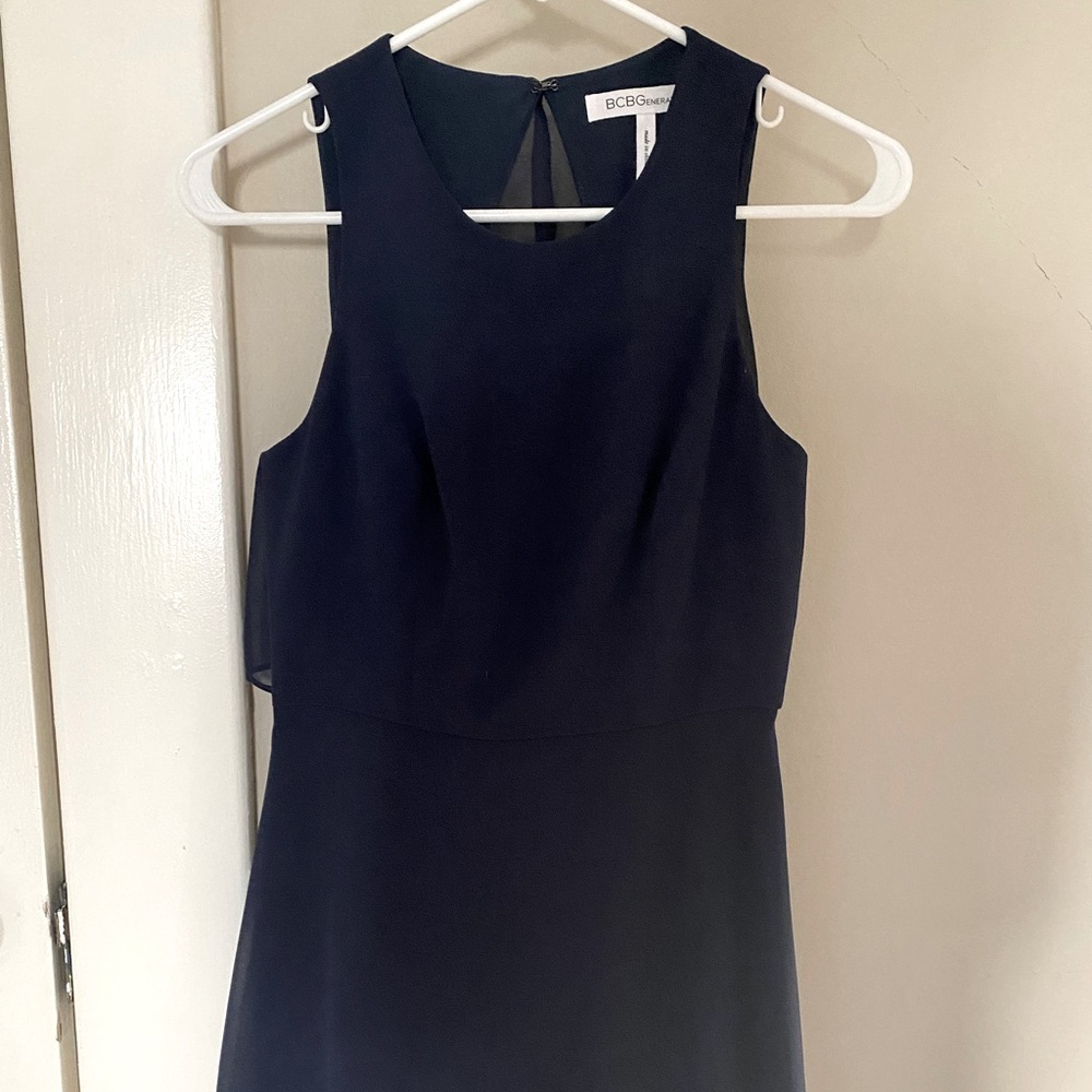 Blue BCBG wedding guest dress